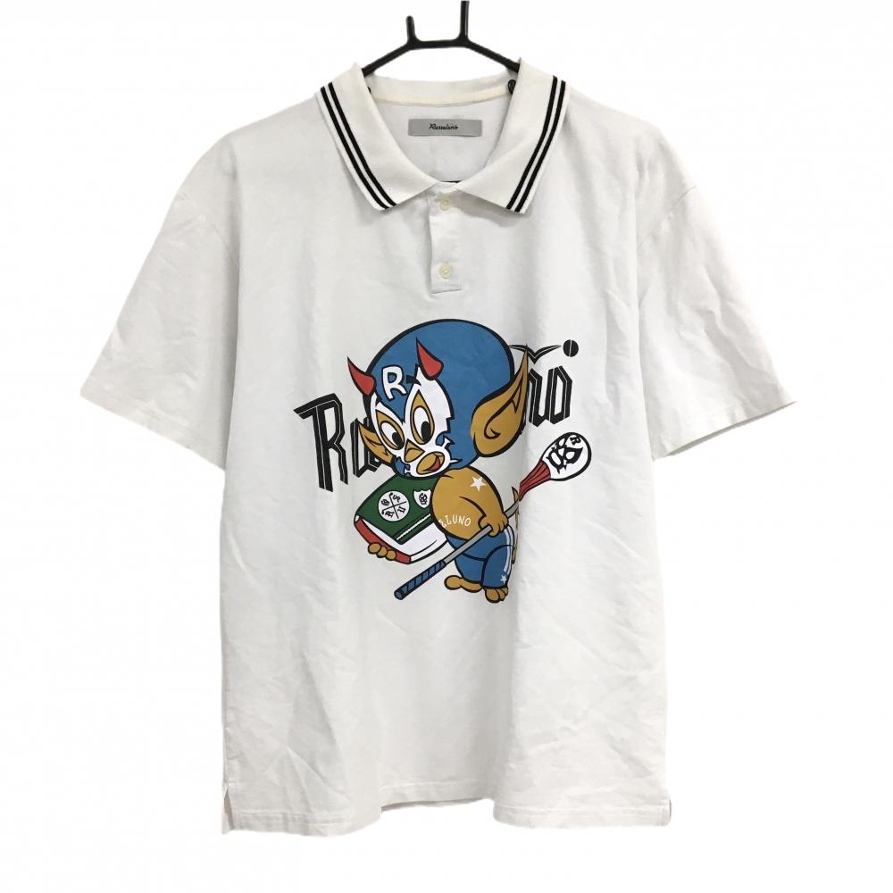 ラッセルノ 半袖ポロシャツ 白×マルチカラー ビッグプリント ルチャマスク  メンズ 4(M) ゴルフウェア RUSSELUNO