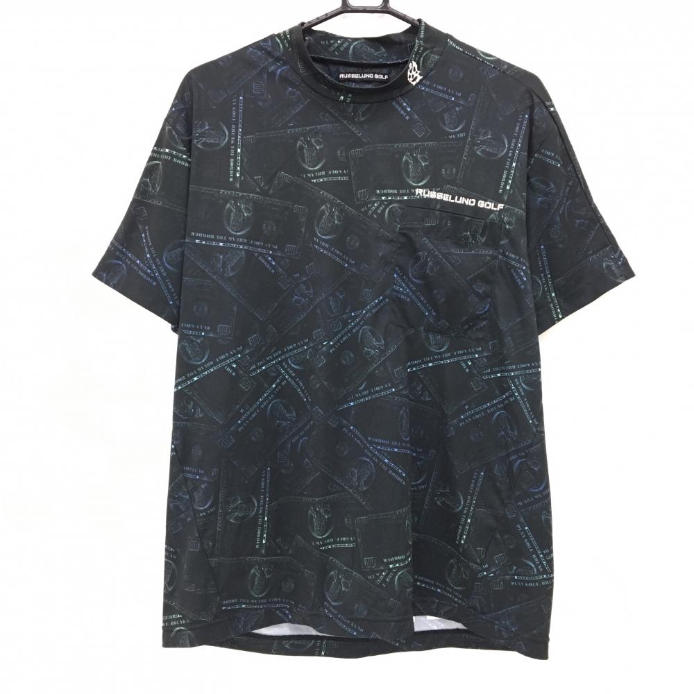 【美品】ラッセルノゴルフ 半袖ハイネックシャツ 黒×ライトグリーン ルチャマスク総柄   メンズ 6(XL) ゴルフウェア RUSSELUNO