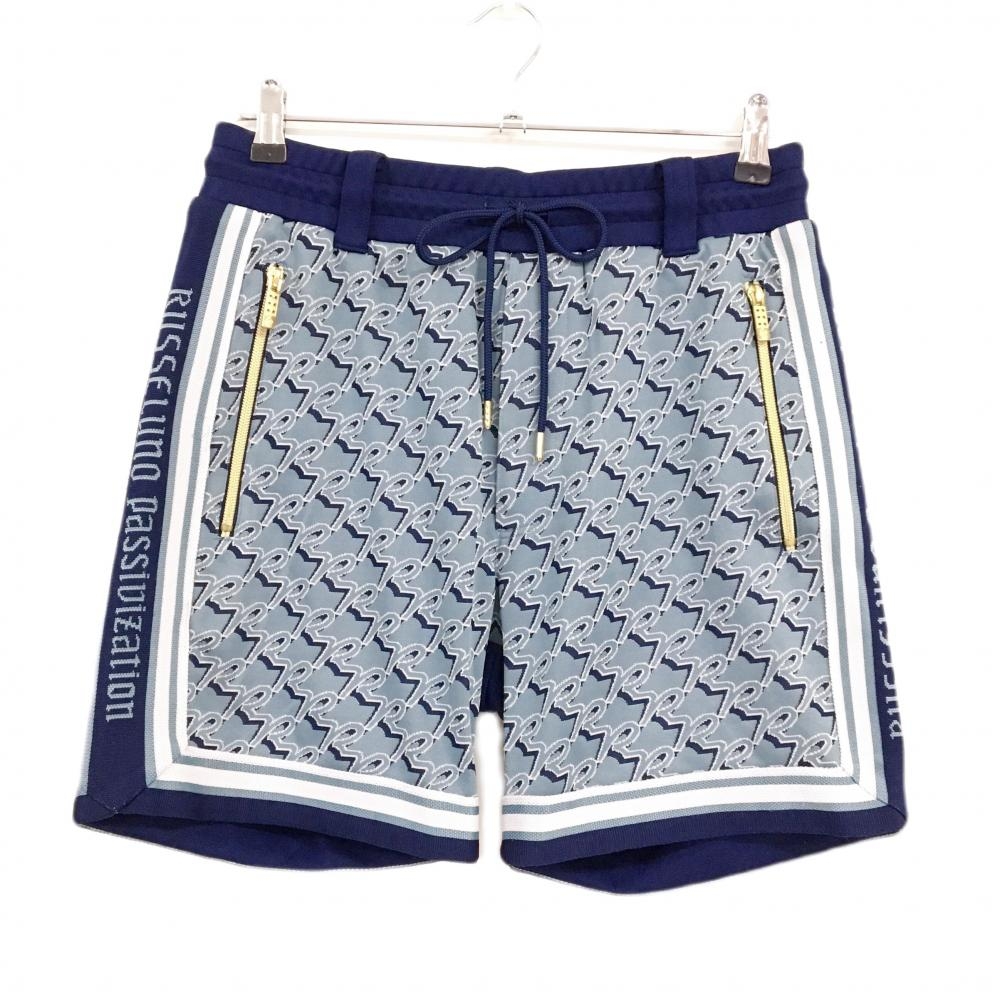 【美品】ラッセルノ ショートパンツ スモーキーブルー×ネイビー 前面総柄 ルチャ メンズ 5(L) ゴルフウェア RUSSELUNO