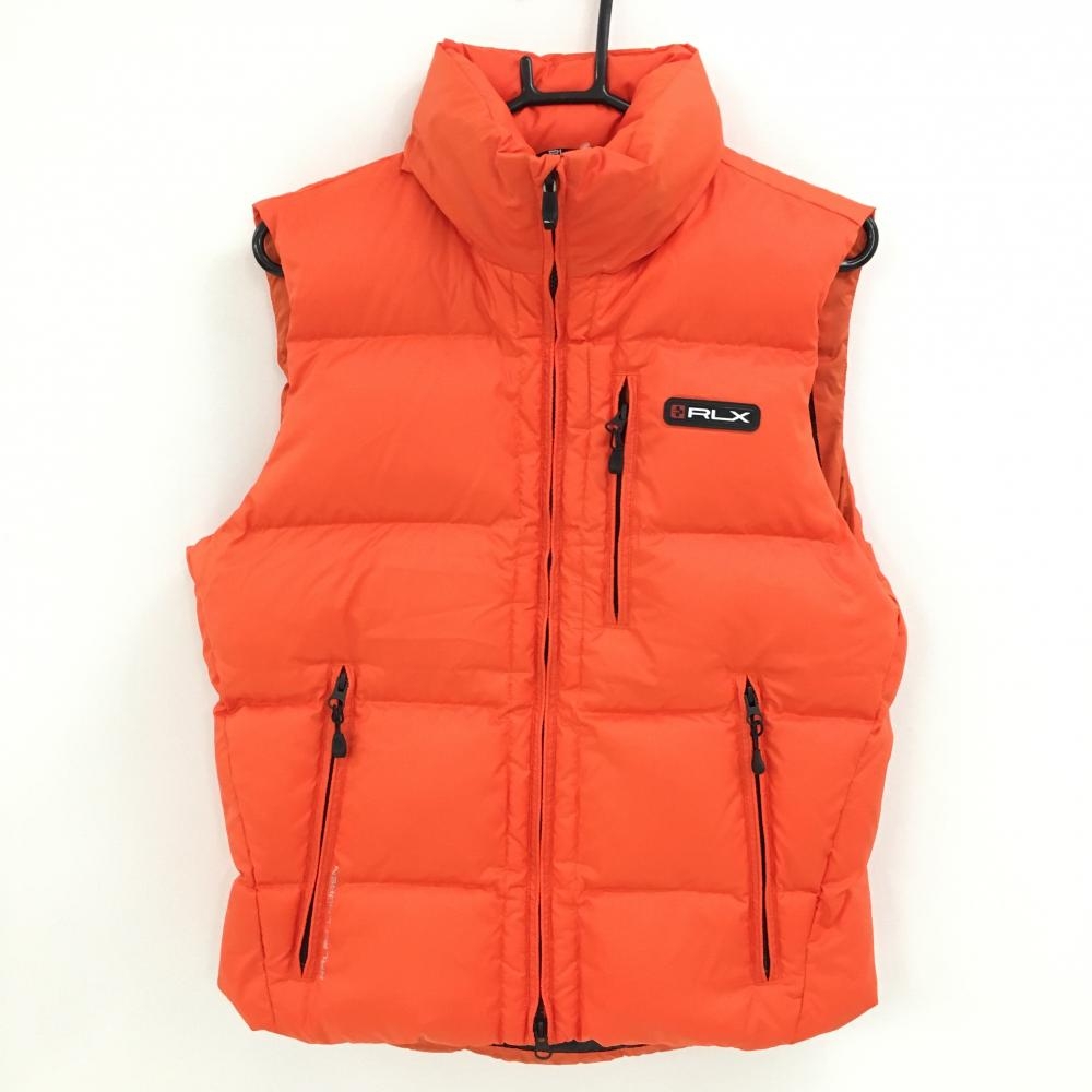 【超美品】RLXラルフローレン ダウンベスト オレンジ×黒 ロゴワッペン フード収納可 裾ドローコード メンズ XS ゴルフウェア Ralph Lauren
