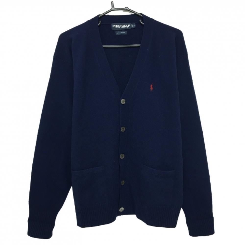 【美品】ポロゴルフ ニットカーディガン ネイビー×レッド 胸ロゴ ウール100％ メンズ LL ゴルフウェア Ralph Lauren