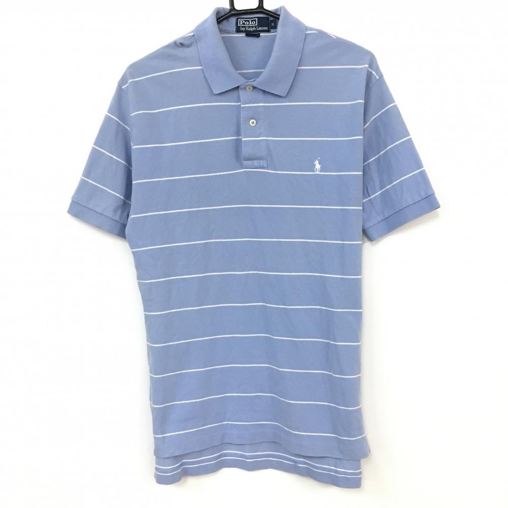 Ralph Lauren ポロbyラルフローレン 半袖ポロシャツ ライトブルー×白 ボーダー コットン100％ メンズ M ゴルフウェア