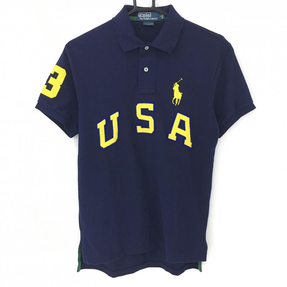 【美品】ポロbyラルフローレン 半袖ポロシャツ ネイビー×イエロー USAワッペン コットン100％ メンズ S ゴルフウェア Ralph Lauren