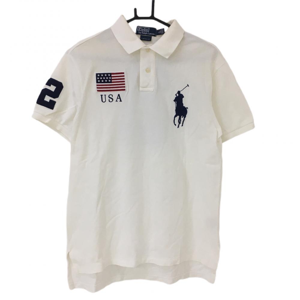 ポロbyラルフローレン 半袖ポロシャツ 白×ネイビー ビックポニー メンズ L ゴルフウェア Ralph Lauren