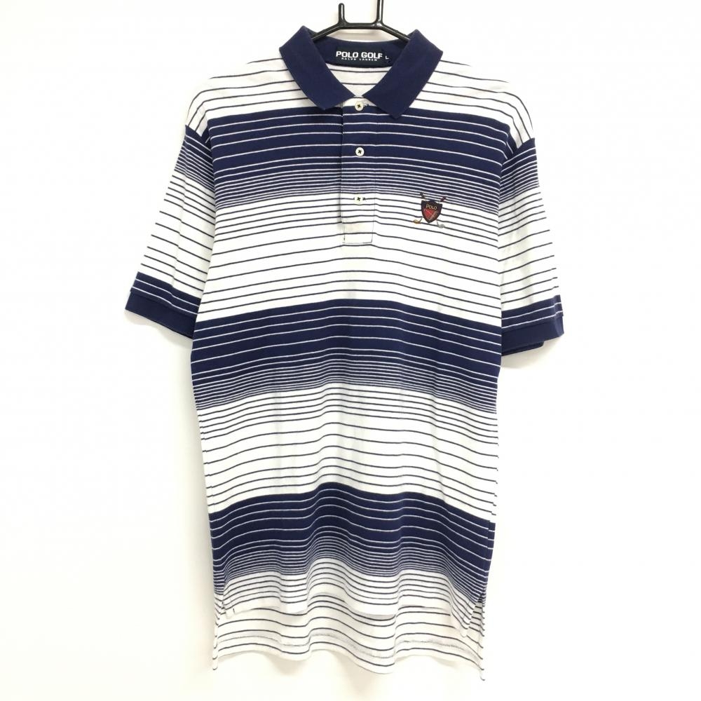 ポロゴルフ ラルフローレン 半袖ポロシャツ ネイビー×白 ランダムボーダー 総柄 コットン100％ メンズ L ゴルフウェア Ralph Lauren
