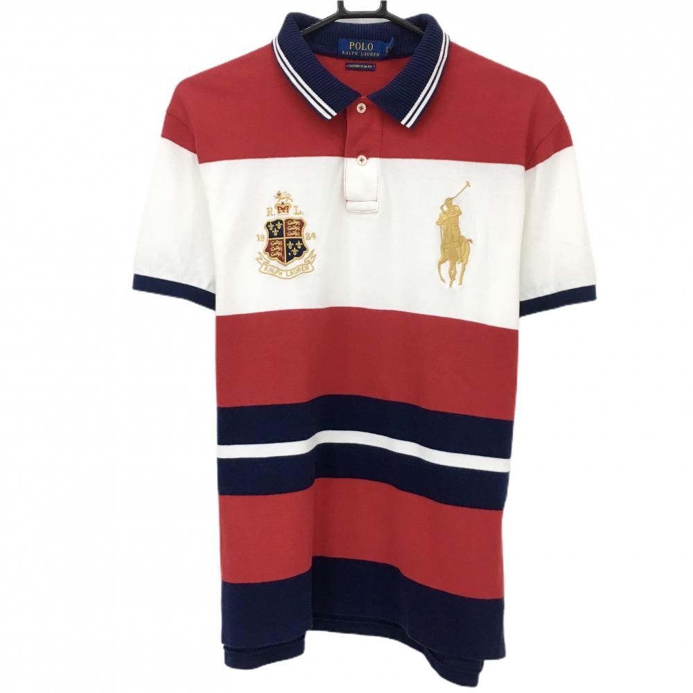 ポロラルフローレン 半袖ポロシャツ レッド×白 襟リブ ポニー刺しゅう メンズ LG ゴルフウェア Ralph Lauren