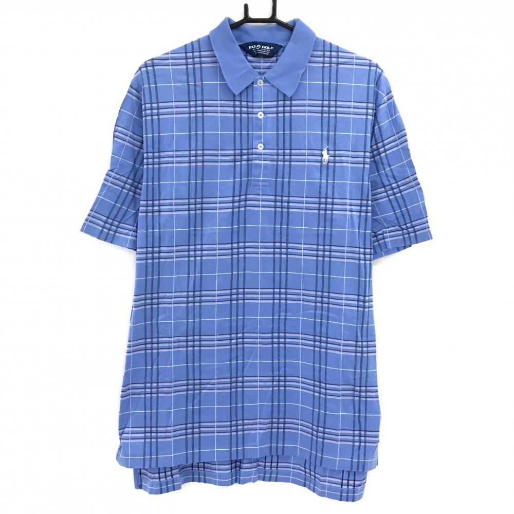 ポロゴルフ 半袖ポロシャツ スモーキーブルー系×黒×パープル系 チェック 胸ロゴ  メンズ M ゴルフウェア Ralph Lauren