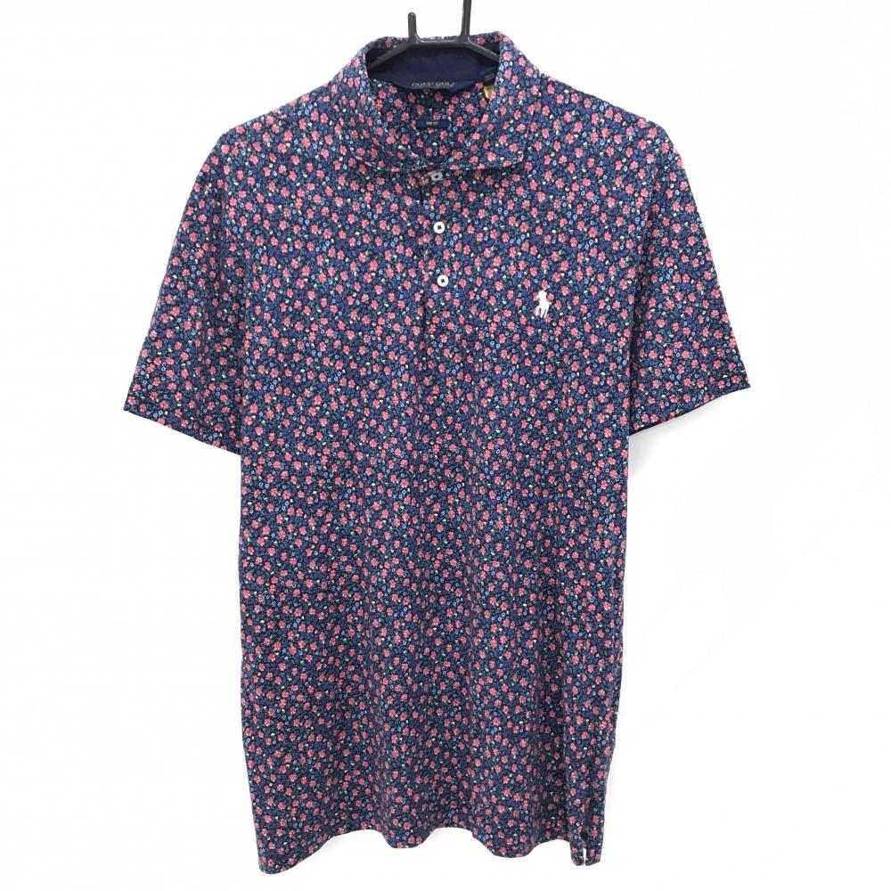 【美品】ポロゴルフ 半袖ポロシャツ ネイビー×ピンク 花柄 メンズ LG ゴルフウェア Ralph Lauren
