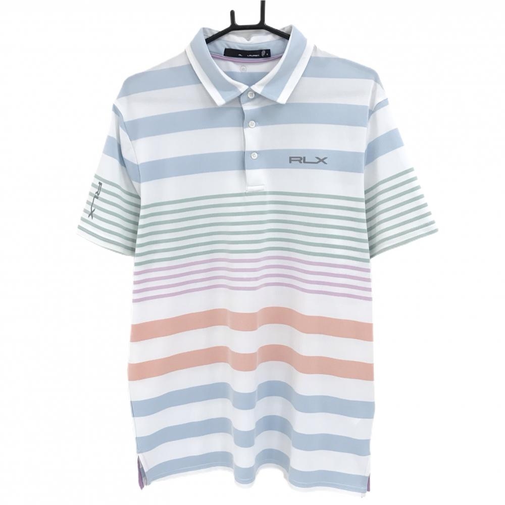 RLXラルフローレン 半袖ポロシャツ 白×グリーン×ピンク ボーダー メンズ LG ゴルフウェア Ralph Lauren