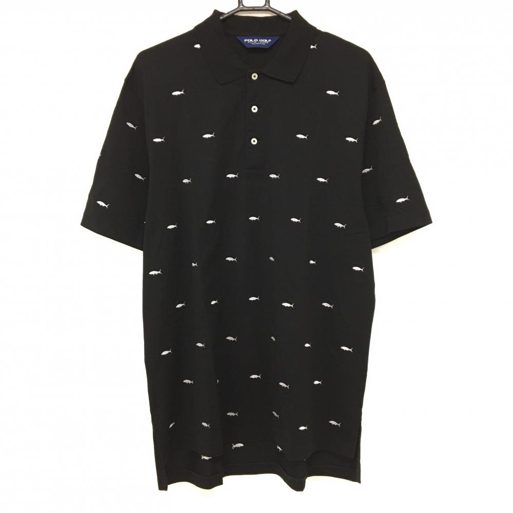 【美品】ポロゴルフ 半袖ポロシャツ 黒×白 魚総柄 綿100％ メンズ LL ゴルフウェア Ralph Lauren