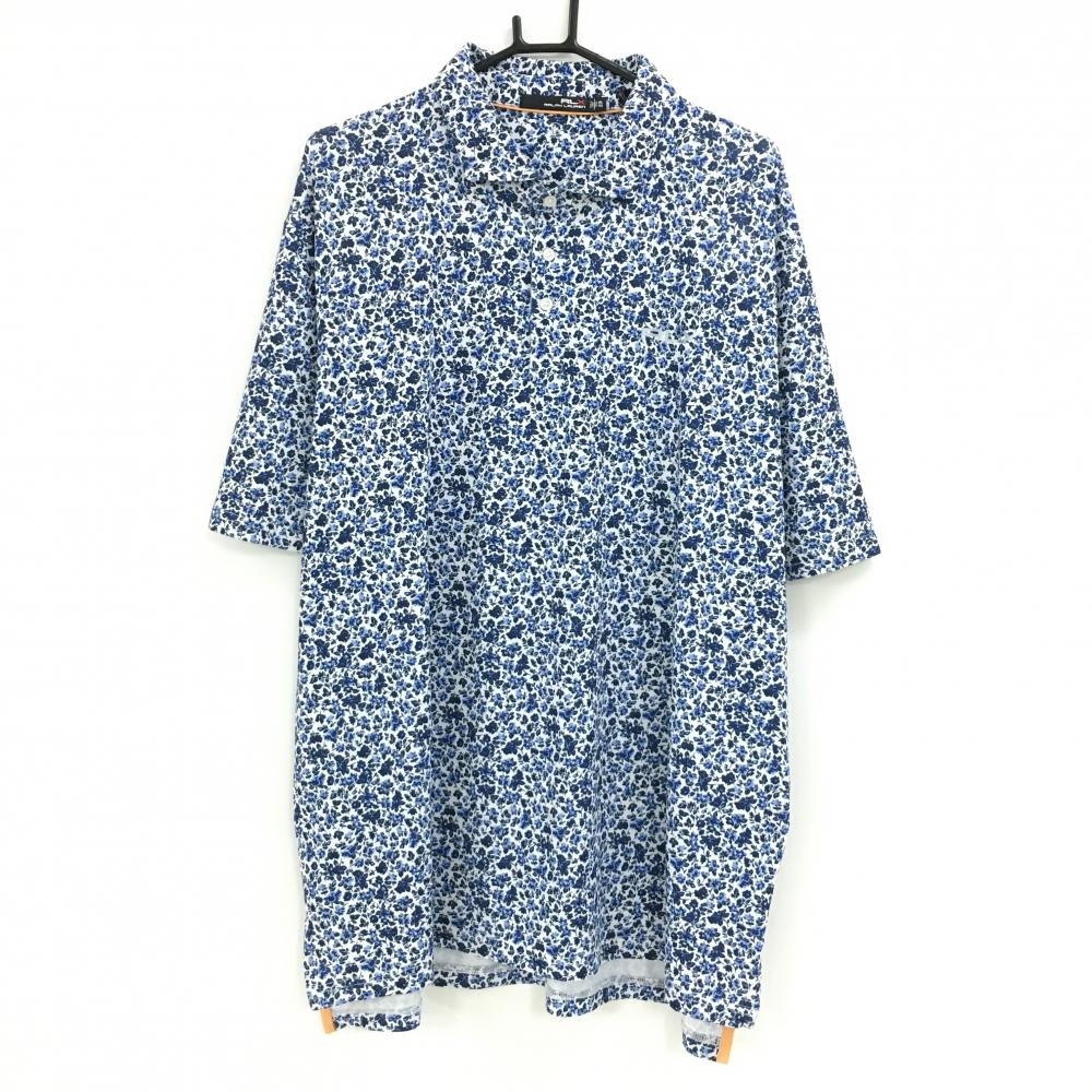 【超美品】RLXラルフローレン 半袖ポロシャツ 白×ネイビー 小花柄 ボタンダウン メンズ XXL ゴルフウェア Ralph Lauren