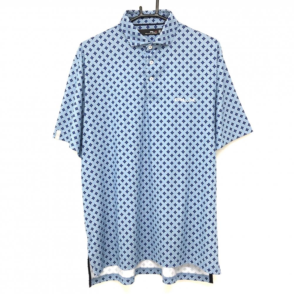 【超美品】RLXラルフローレン 半袖ポロシャツ ライトブルー×ブルー 花柄 ロゴシルバー  メンズ M ゴルフウェア Ralph Lauren