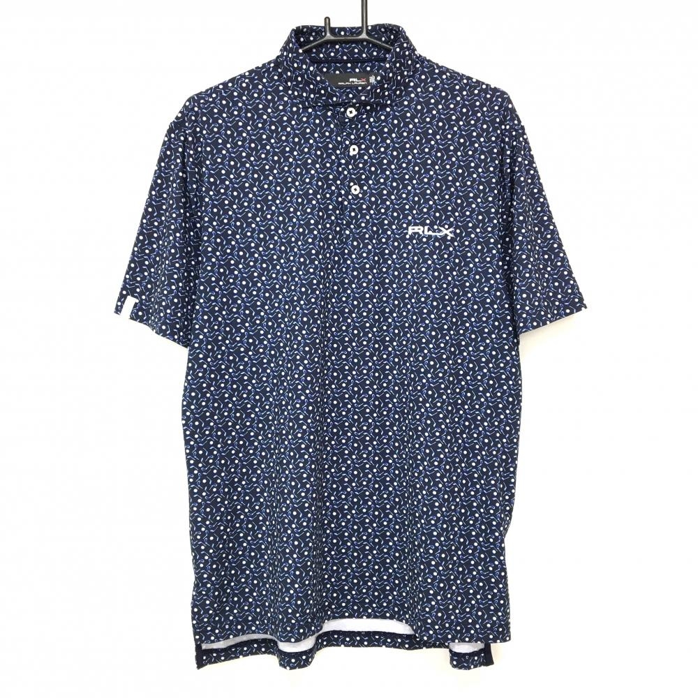 【超美品】RLXラルフローレン 半袖ポロシャツ ネイビー×白 ゴルフクラブ・ボール総柄 ロゴ白  メンズ M ゴルフウェア Ralph Lauren