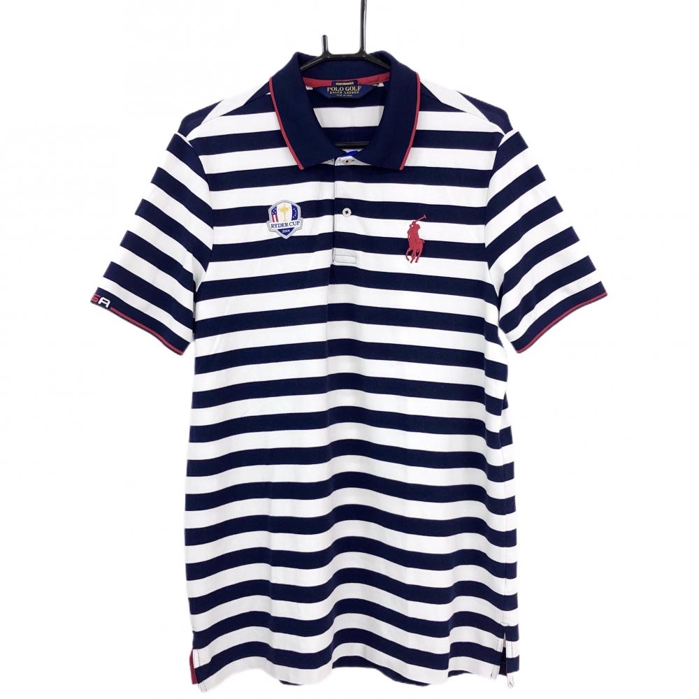 【美品】ポロゴルフ 半袖ポロシャツ 白×ネイビー ボーダー ポニー刺しゅう メンズ M ゴルフウェア Ralph Lauren