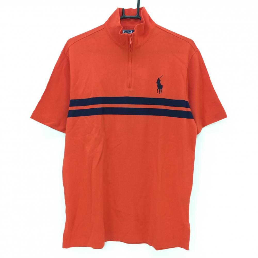 【新品】ポロbyラルフローレン 半袖ハイネックシャツ オレンジレッド×ネイビー ハーフジップ  メンズ M ゴルフウェア Ralph Lauren