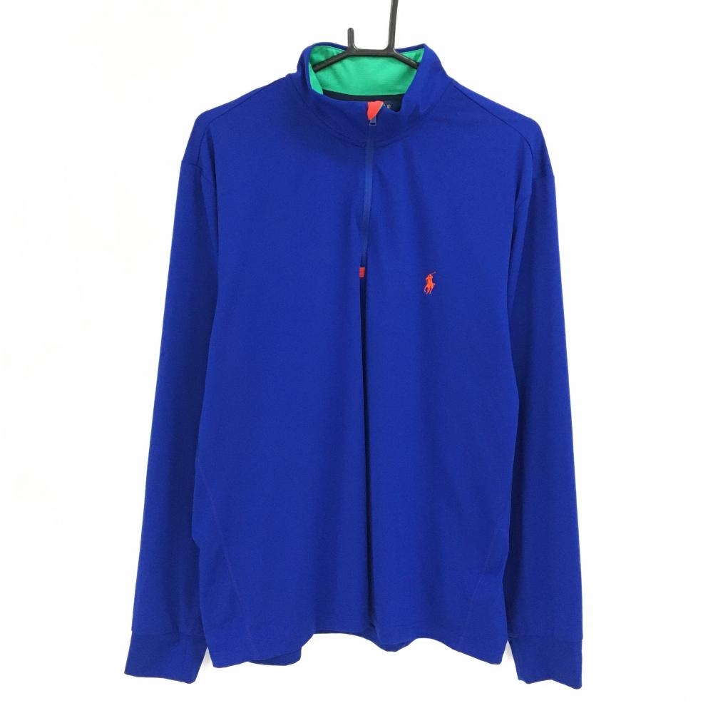 【超美品】ポロゴルフ 長袖ハイネックシャツ ブルー×オレンジ ハーフジップ 胸ロゴ メンズ LG ゴルフウェア Ralph Lauren