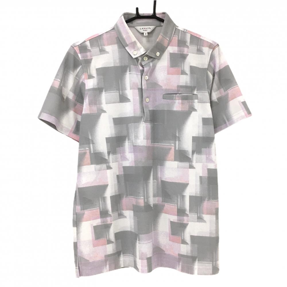 ランバンスポール 半袖ポロシャツ グレー×ピンク×白 総柄 ボタンダウン 胸ポケット付 メンズ 40(L) ゴルフウェア LANVIN SPORT