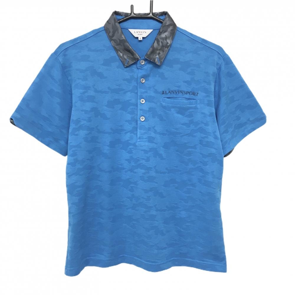 【美品】ランバンスポール 半袖ポロシャツ ライトブルー 迷彩 カモフラ ボタンダウン胸ポケット付 メンズ 40(L) ゴルフウェア LANVIN SPORT