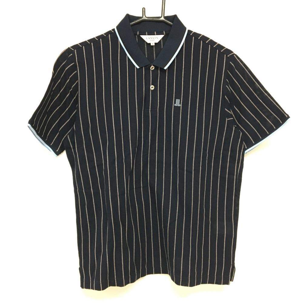 【超美品】ランバンスポール 半袖ポロシャツ ダークネイビー×ベージュ系 ストライプ 綿100％ メンズ 40(L) ゴルフウェア LANVIN SPORT