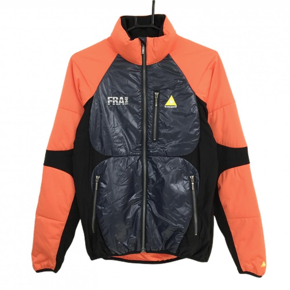 【美品】ルコックゴルフ 異素材切替ダウンジャケット ネイビー×オレンジ ロゴ刺しゅう  メンズ M ゴルフウェア le coq sportif