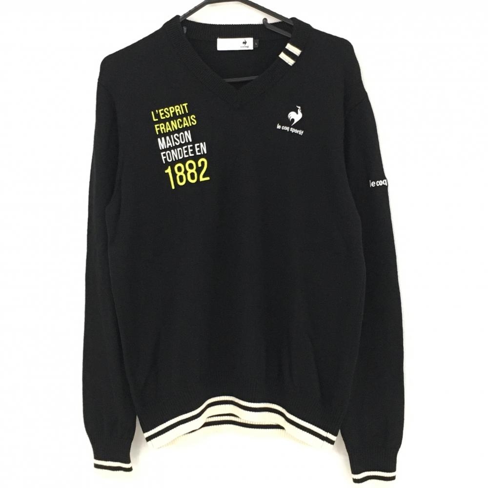 【美品】ルコック セーター 黒×アイボリー Vネック ロゴ刺しゅう ウール混 メンズ L ゴルフウェア le coq sportif