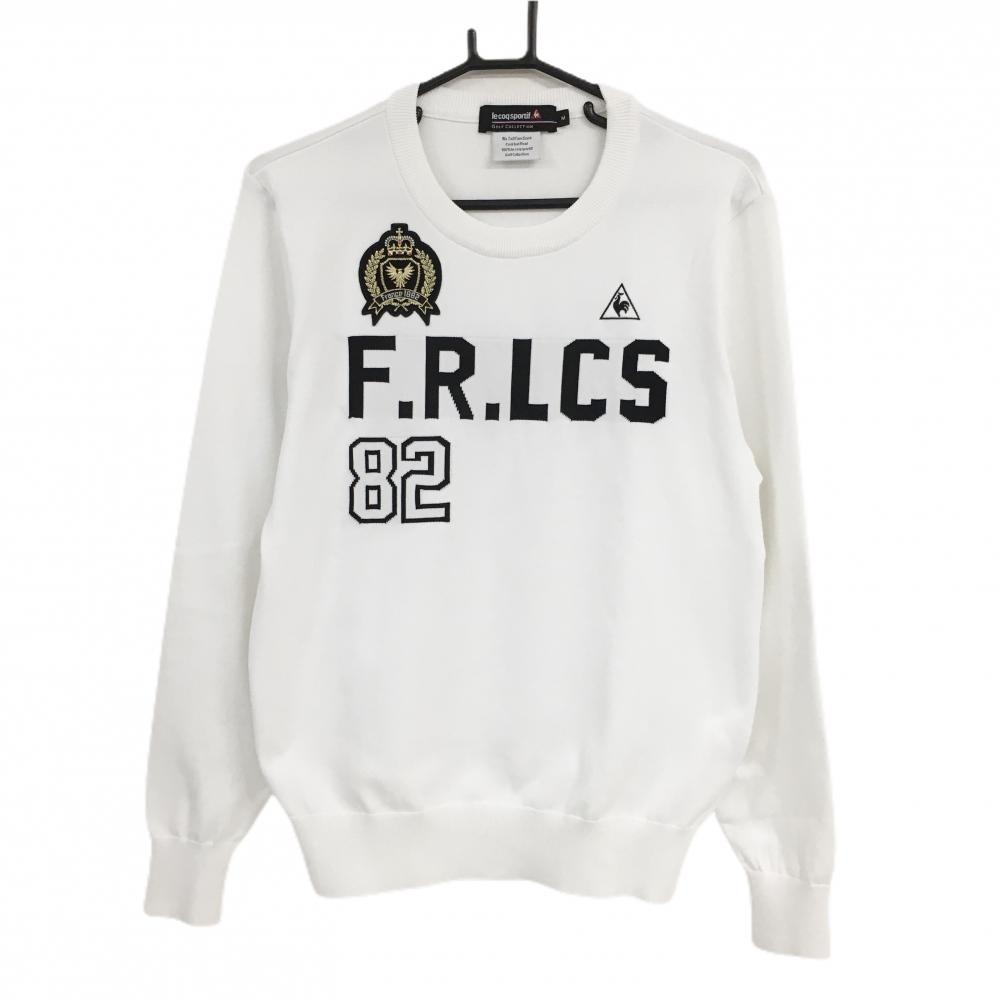 【美品】ルコックゴルフ セーター 白×黒 フロント英字 ニット 腰付近糸引き、品質タグ中国語表記 メンズ M ゴルフウェア le coq sportif