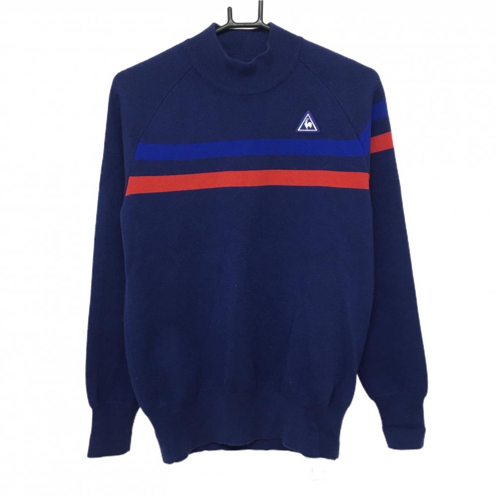 【美品】ルコックゴルフ ハイネックセーター ネイビー×レッド 胸元ライン ウール混 ニット メンズ L ゴルフウェア le coq sportif