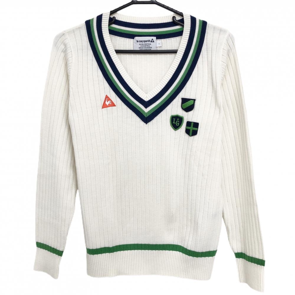 【美品】ルコックゴルフ セーター 白×ネイビー Vネック 複数ワッペン ニット メンズ M ゴルフウェア le coq sportif