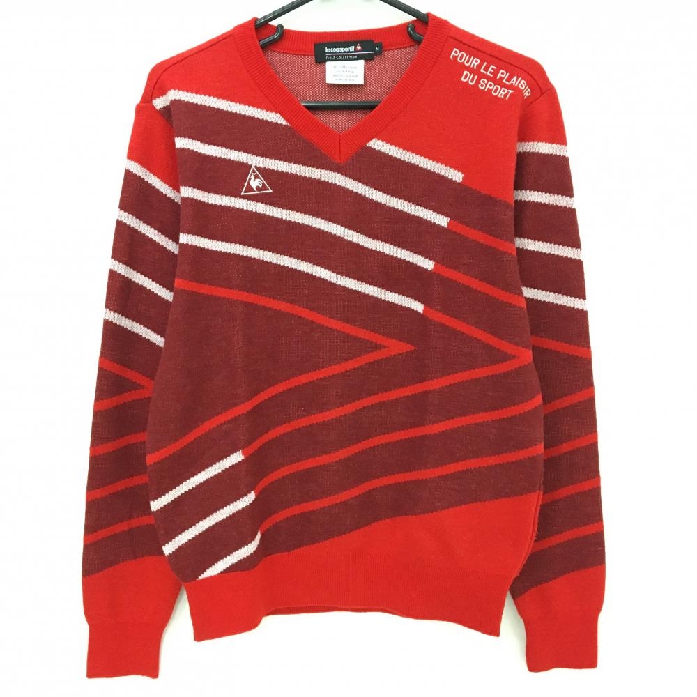 【美品】ルコックゴルフ セーター レッド×ボルドー 斜めボーダー風 ロゴ刺しゅう メンズ M ゴルフウェア le coq sportif