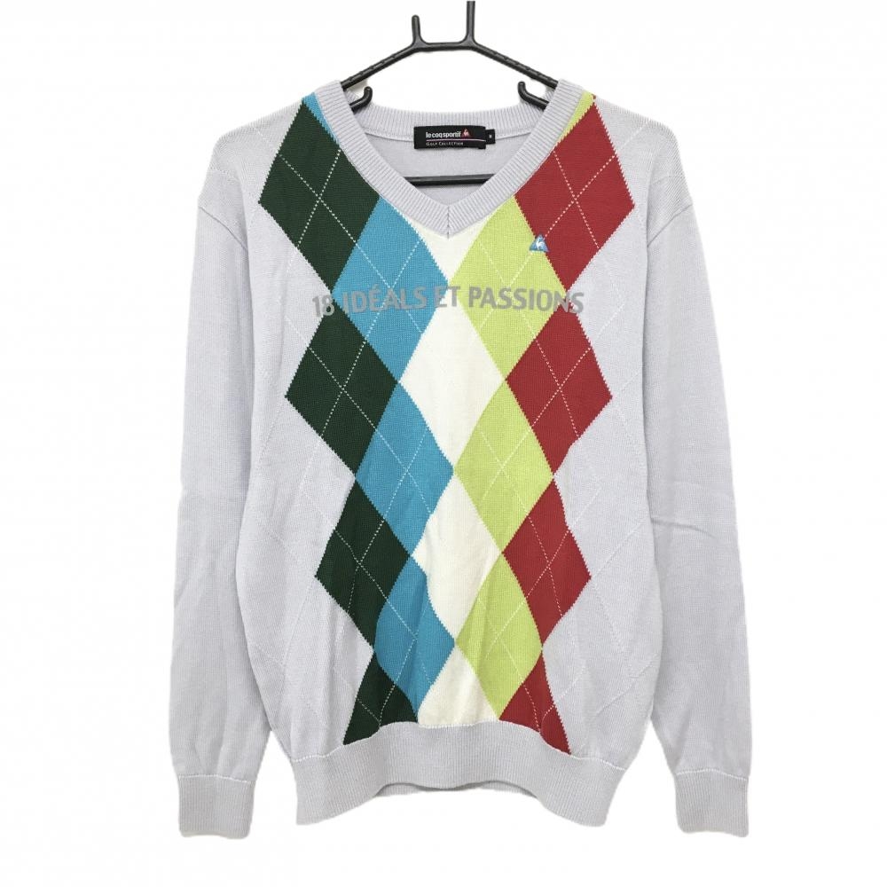 【超美品】ルコックゴルフ セーター ライトグレー×マルチカラー 前面アーガイル ウール混  メンズ M ゴルフウェア le coq sportif