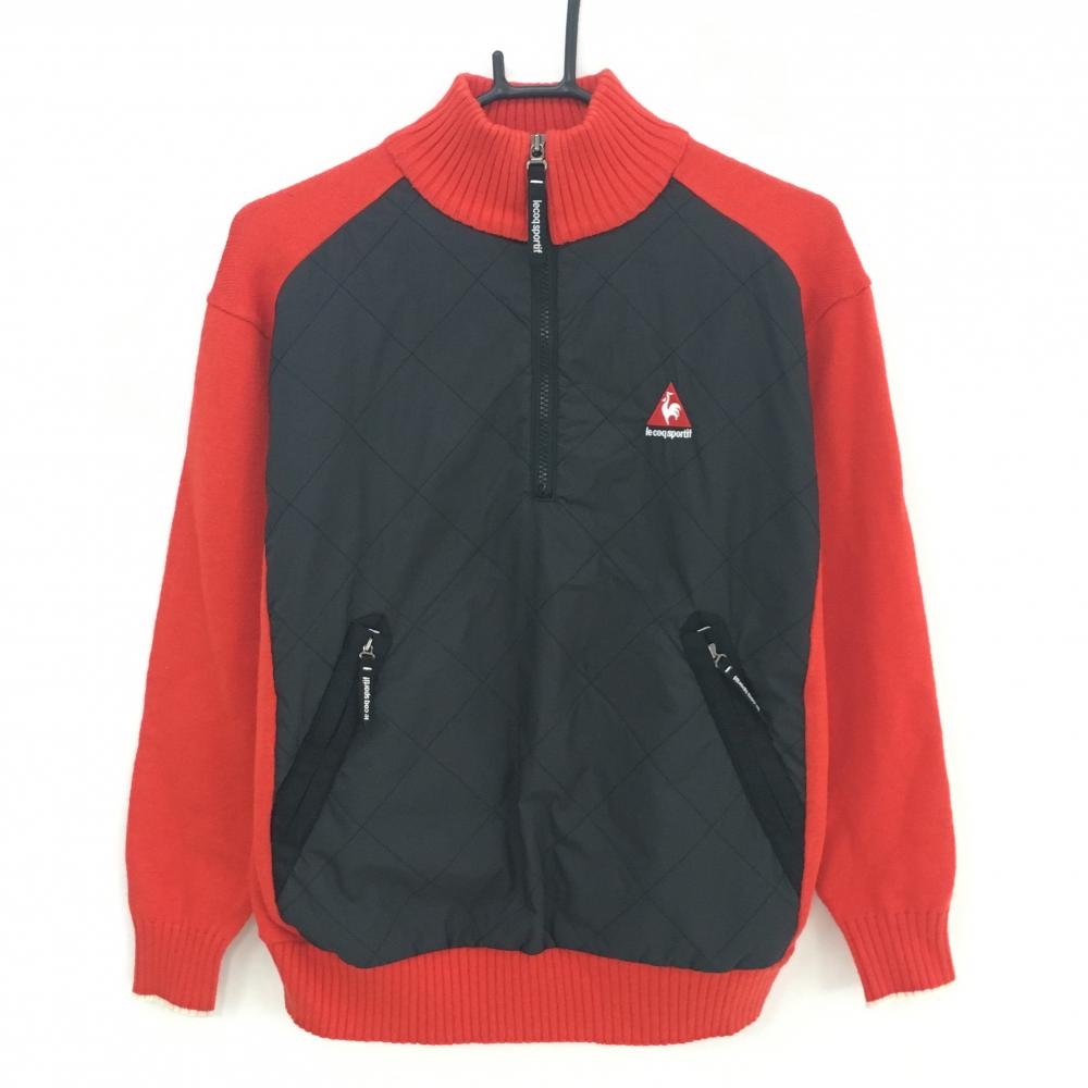 ルコックゴルフ 中綿ハイネックセーター レッド×黒 ウール混 前身頃中綿 ニット ハーフジップ  メンズ M ゴルフウェア le coq sportif