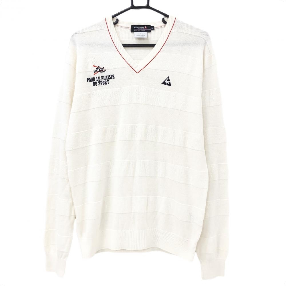 【超美品】ルコックゴルフ セーター アイボリー 太ボーダー編み カシミヤ混 ニット Vネック メンズ LL ゴルフウェア le coq sportif