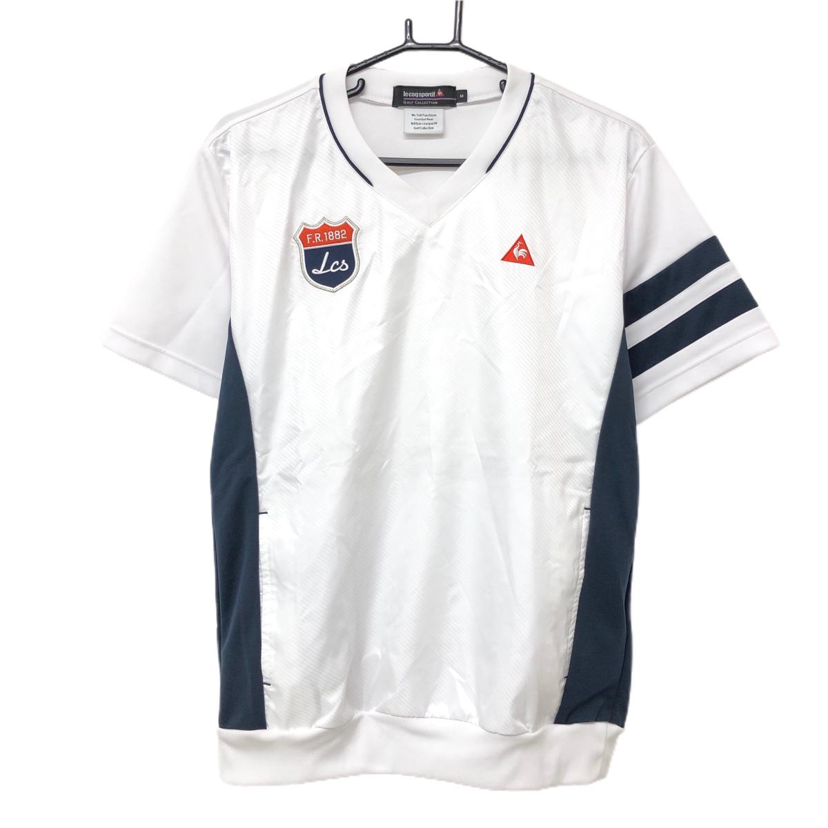 ルコック 半袖スニード 白×ネイビー 地模様 ストレッチ ブルゾン Vネック メンズ M ゴルフウェア le coq sportif