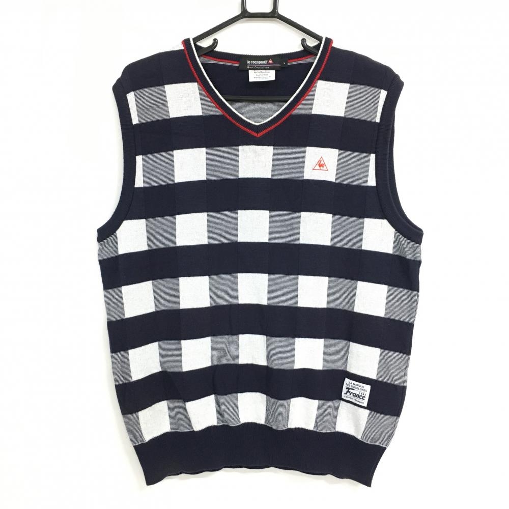 ルコックゴルフ ニットベスト ネイビー×白 チェック Vネック コットン混 メンズ L ゴルフウェア le coq sportif