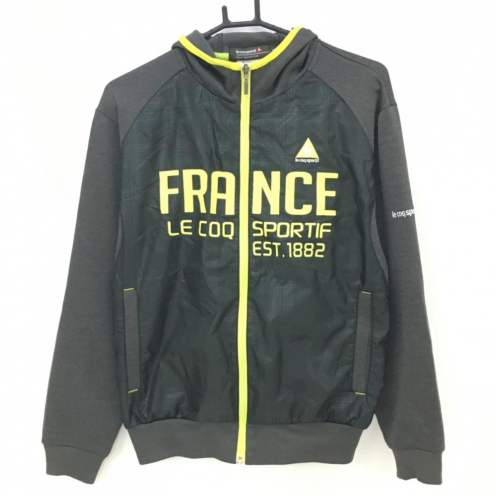 【美品】ルコックゴルフ 切替ジップパーカー グレー×イエロー 前身頃チェック地模様 裏微起毛 メンズ M ゴルフウェア le coq sportif