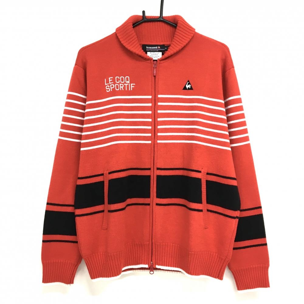 ルコックゴルフ ニットジャケット レッド×白 一部ボーダー ロゴ刺しゅう ウール混 メンズ LL ゴルフウェア le coq sportif