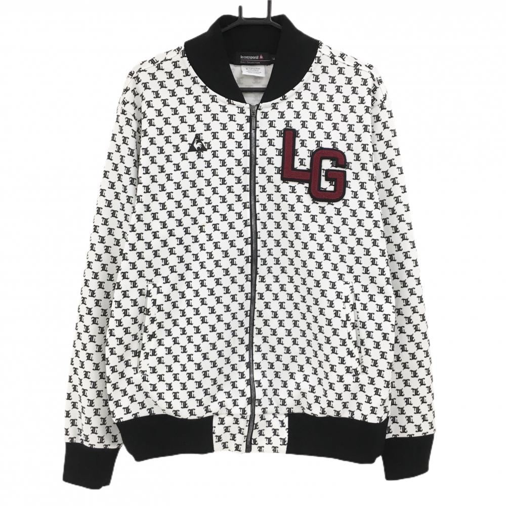 ルコックゴルフ ジャケットブルゾン 白×黒 総柄 ロゴワッペン 裏微起毛  メンズ LL ゴルフウェア le coq sportif