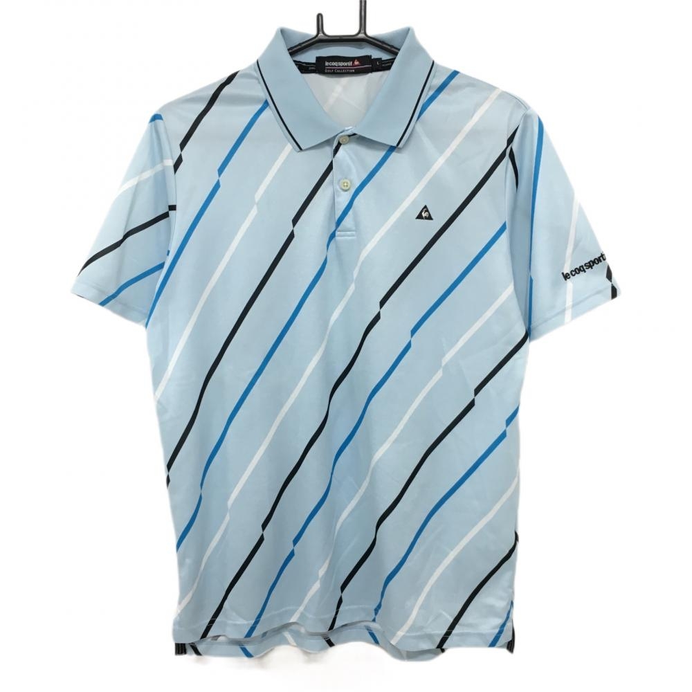 ルコック 半袖ポロシャツ ライトブルー×白 斜めストライプ 総柄  メンズ L ゴルフウェア le coq sportif