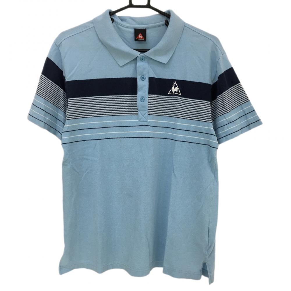 ルコック 半袖ポロシャツ ライトブルー×ネイビー 一部ボーダー柄 綿100％  メンズ L ゴルフウェア le coq sportif