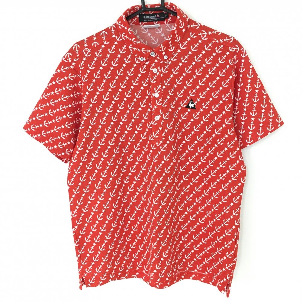 ルコック 半袖ポロシャツ レッド×白 イカリ総柄 ボタンダウン  メンズ LL ゴルフウェア le coq sportif