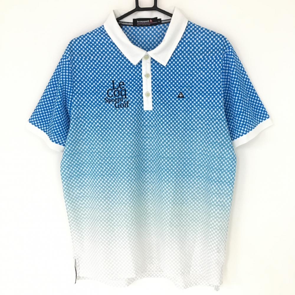 ルコック 半袖ポロシャツ ライトブルー×白 ブロックチェック グラデーション メンズ ＬＬ ゴルフウェア le coq sportif