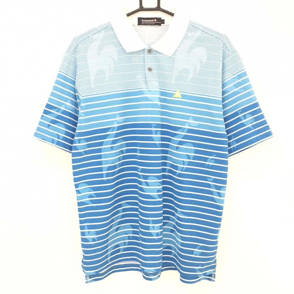 ルコック 半袖ポロシャツ ブルー×白 ボーダー×ロゴ柄 メンズ L ゴルフウェア le coq sportif