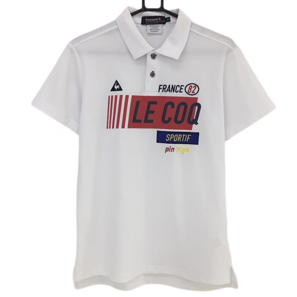 ルコック 半袖ポロシャツ 白×レッド 前面プリント ロゴ刺しゅう メンズ M ゴルフウェア le coq sportif