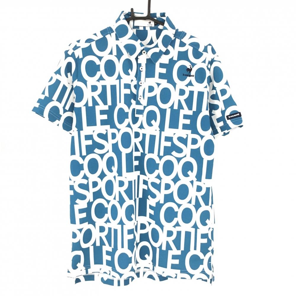 【超美品】ルコック 半袖ポロシャツ ライトブルー×白 英字ロゴ総柄 メンズ LL  ゴルフウェア 2022年モデル le coq sportif