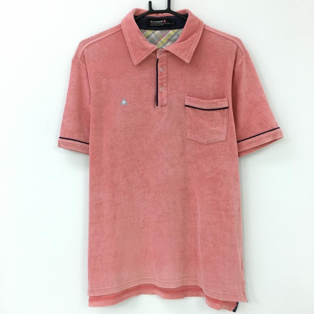 ルコック 半袖ポロシャツ ピンク×ネイビー パイル地 スナップボタン メンズ Ｌ ゴルフウェア le coq sportif