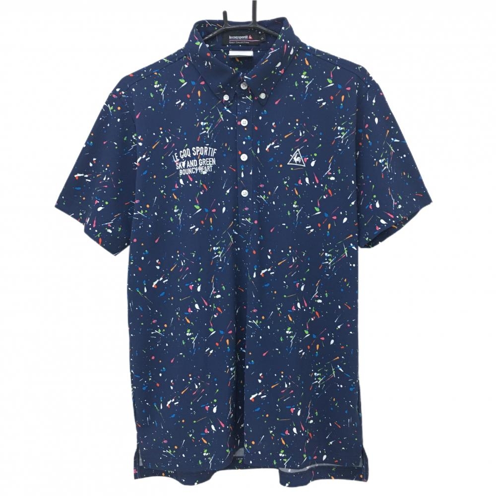 【超美品】ルコック 半袖ポロシャツ ネイビー×マルチ スプラッシュ柄 ボタンダウン メンズ LL ゴルフウェア le coq sportif