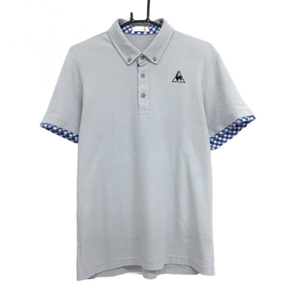 ルコック 半袖ポロシャツ グレー×ブルー 一部チェック ロゴ刺しゅう ボタンダウン  メンズ O(XL) ゴルフウェア le coq sportif