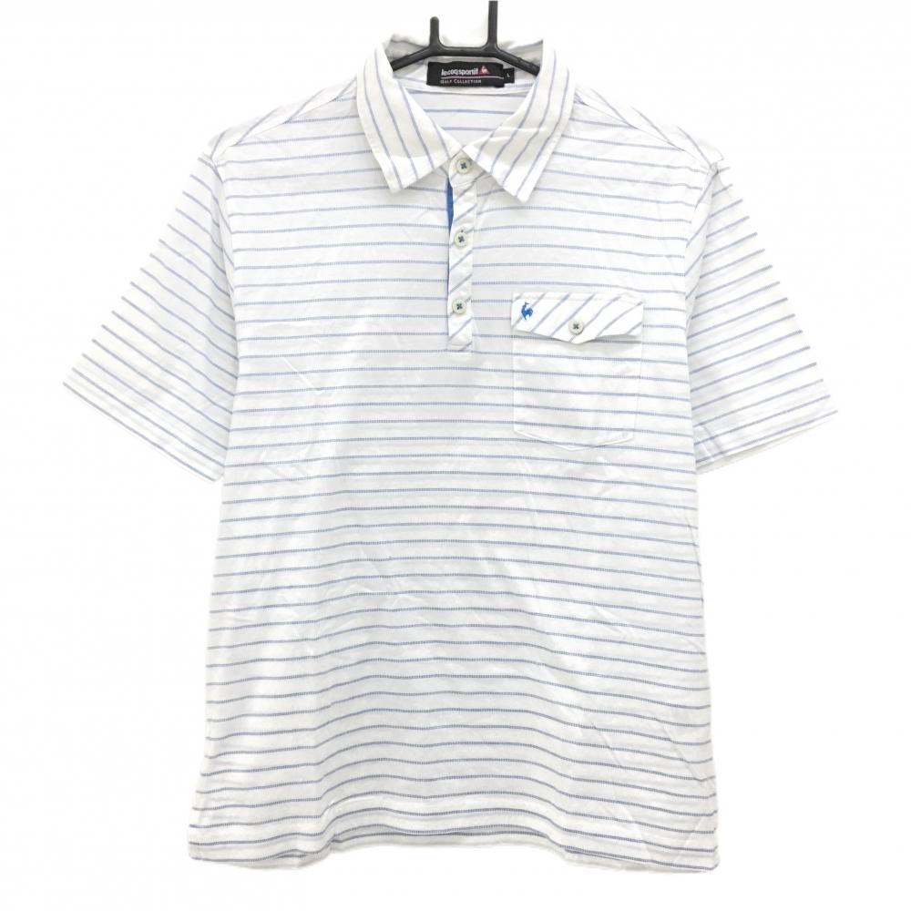 【美品】ルコック 半袖ポロシャツ 白×ブルー ボーダー 胸ポケット コットン100％ メンズ L ゴルフウェア le coq sportif