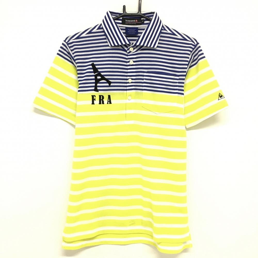 【美品】ルコックゴルフ 半袖ポロシャツ 白×イエロー ボーダー メンズ M ゴルフウェア le coq sportif