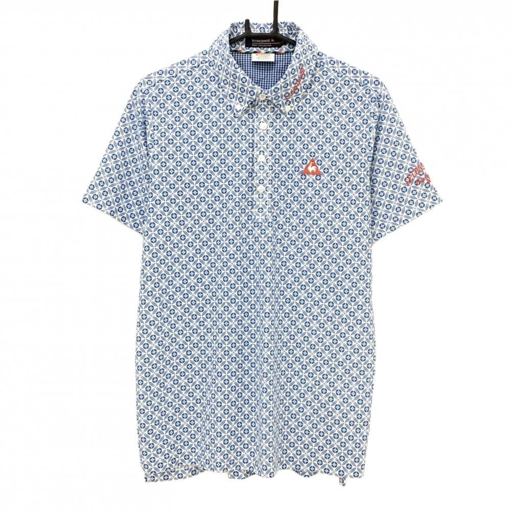 【超美品】ルコックゴルフ 半袖ポロシャツ 白×ブルー 総柄 ボタンダウン メンズ LL ゴルフウェア le coq sportif